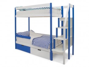 Двухъярусная кровать Svogen с ящиками и бортиком сине-белый в Чебаркуле - chebarkul.mebel74.com | фото