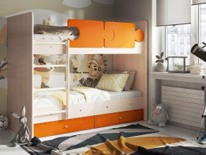 Кровать двухъярусная Тетрис латы с бортиками дуб млечный-оранжевый в Чебаркуле - chebarkul.mebel74.com | фото